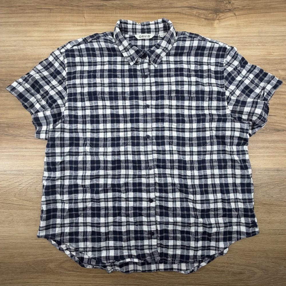 Orvis Button-Up Shirt Womens Sz XL Linen-Blend Navy Plaid Coastal Nautical Top